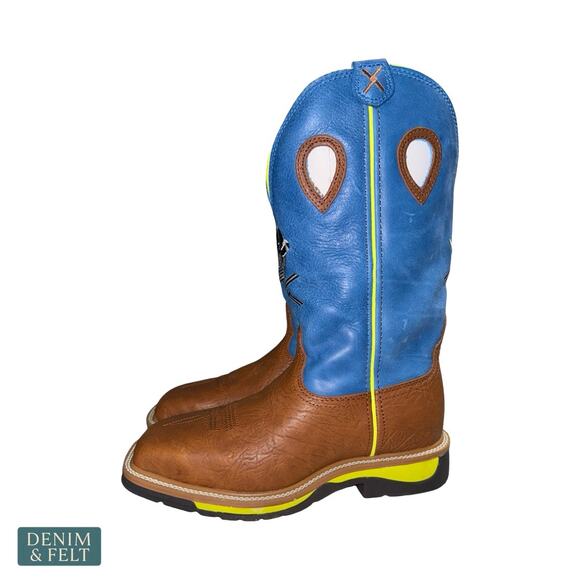 NEW Twisted X Lite Western Steel Toe‎ Work Boots Brown Neon Blue Skull Size 7.5D main image 11
